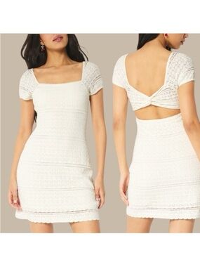 Knit Lace Mini Dress with Twist Back - White